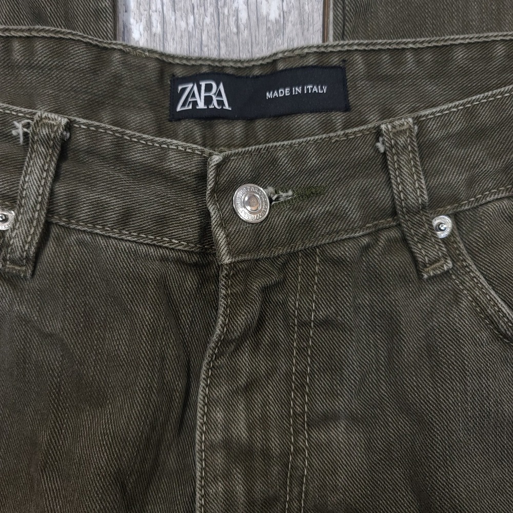 Zara Cargo Pants Mens 34x32 Olive Green Denim Straight Leg Utility Workwear - Picture 5 of 7